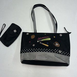 Baseball Theme Shoulder Bag Tote Purse Cosmetic Case Black White Mom Home Run